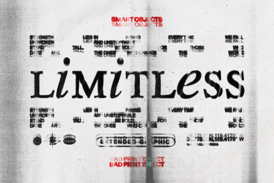 Xeroxed zine layout with 'Limitless' in bold letters, red overprint, chaotic typography
