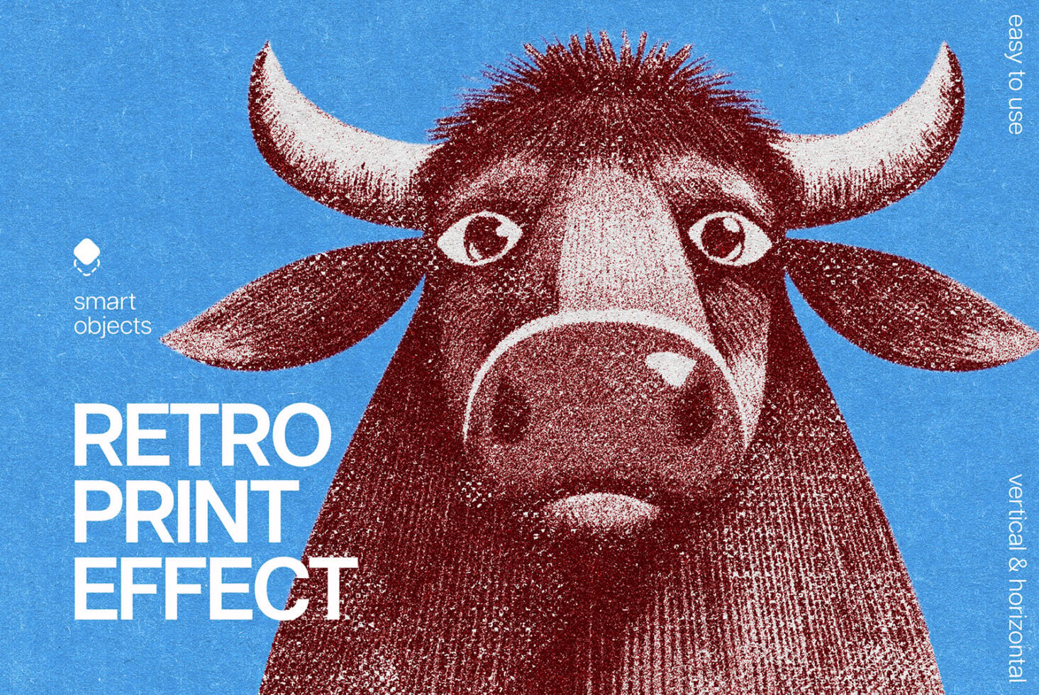 Bull head textured print effect with horns staring directly forward on blue