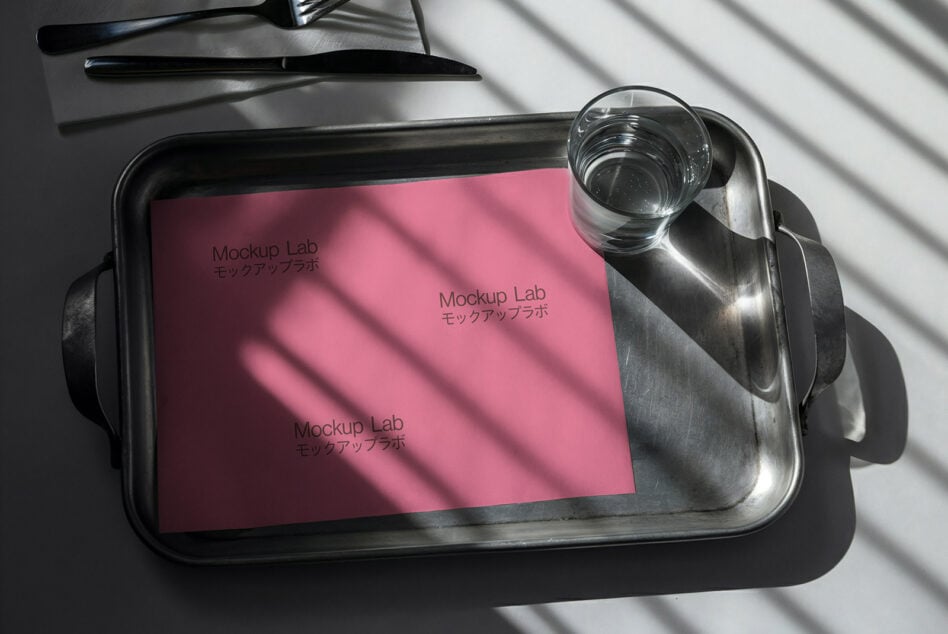 Metal tray with pink background showing Mockup Lab text