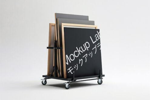 Wheeled frame stand displaying wooden frames with dark chalkboard mockup insert