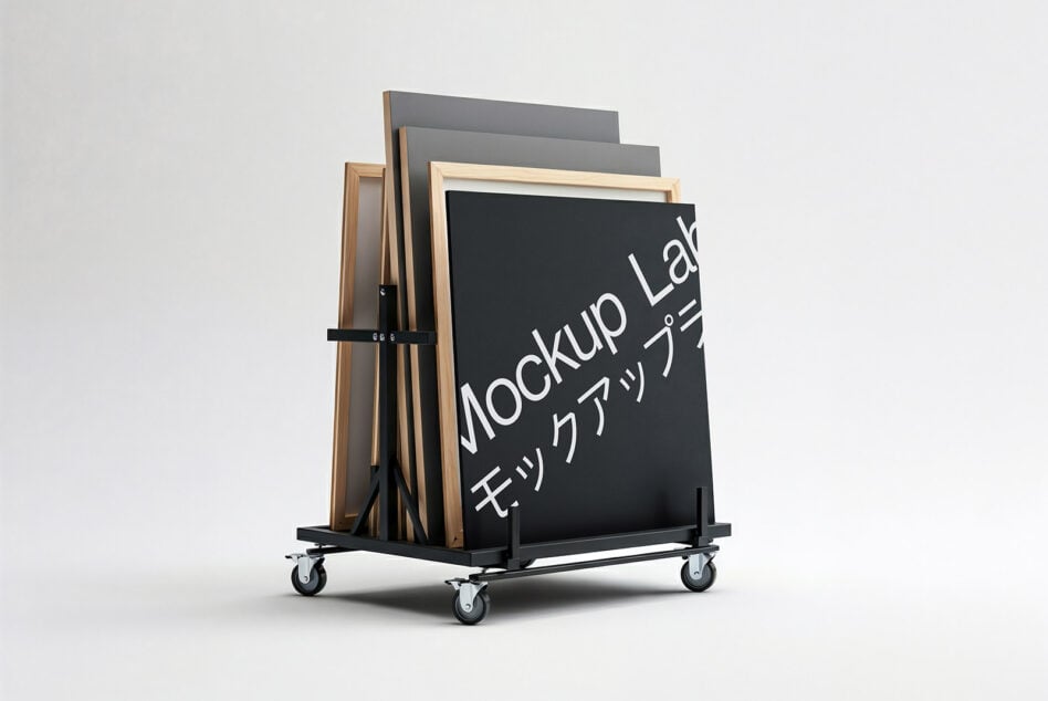Wheeled frame stand displaying wooden frames with dark chalkboard mockup insert