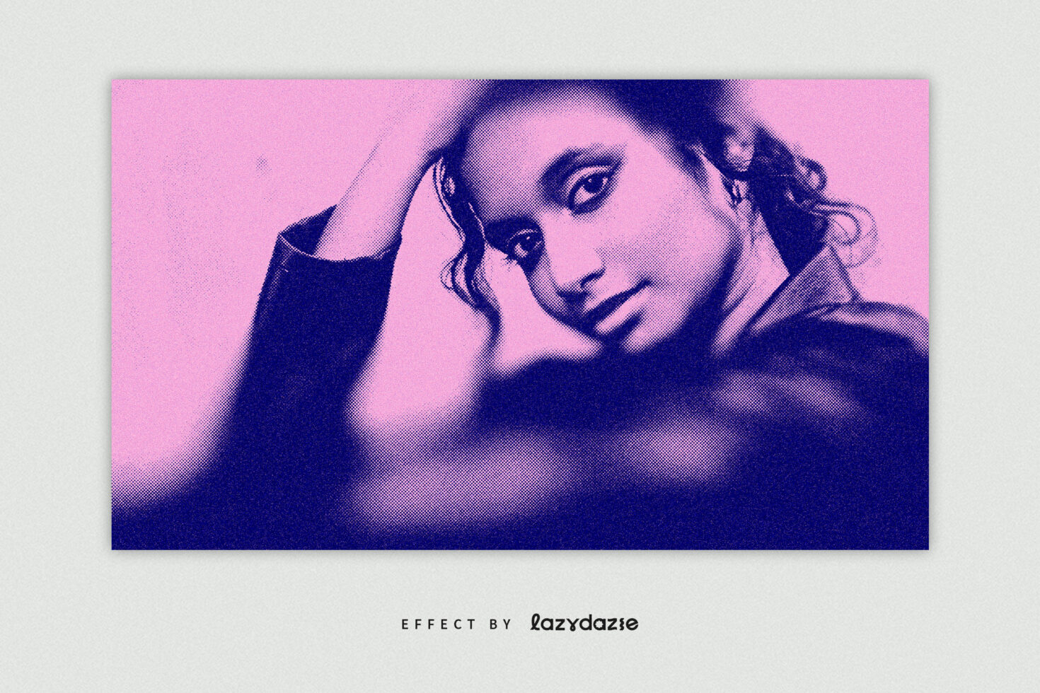 Single portrait pink background navy tones, halftone dots creating pixelated effect