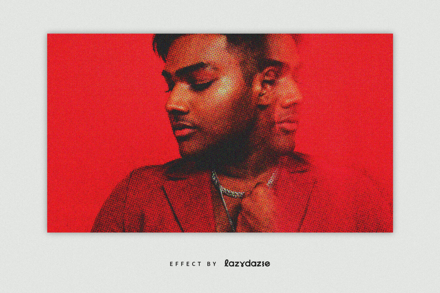 Two figures side profile, dotted pixelated effect, bright red background