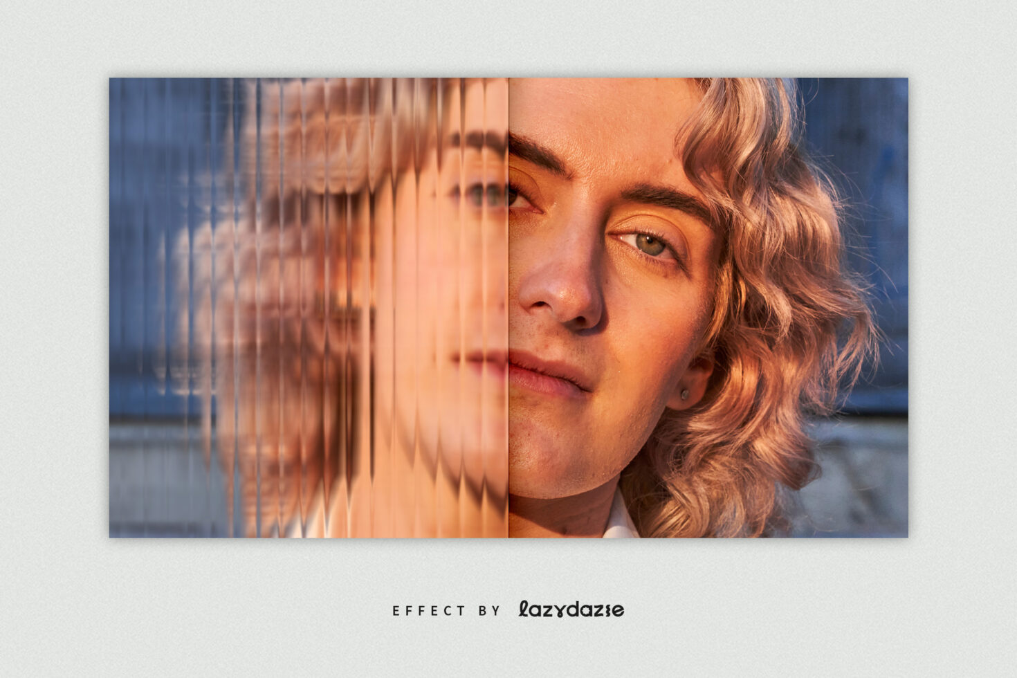 Warm-lit portrait with orange tones, vertical scan lines effect