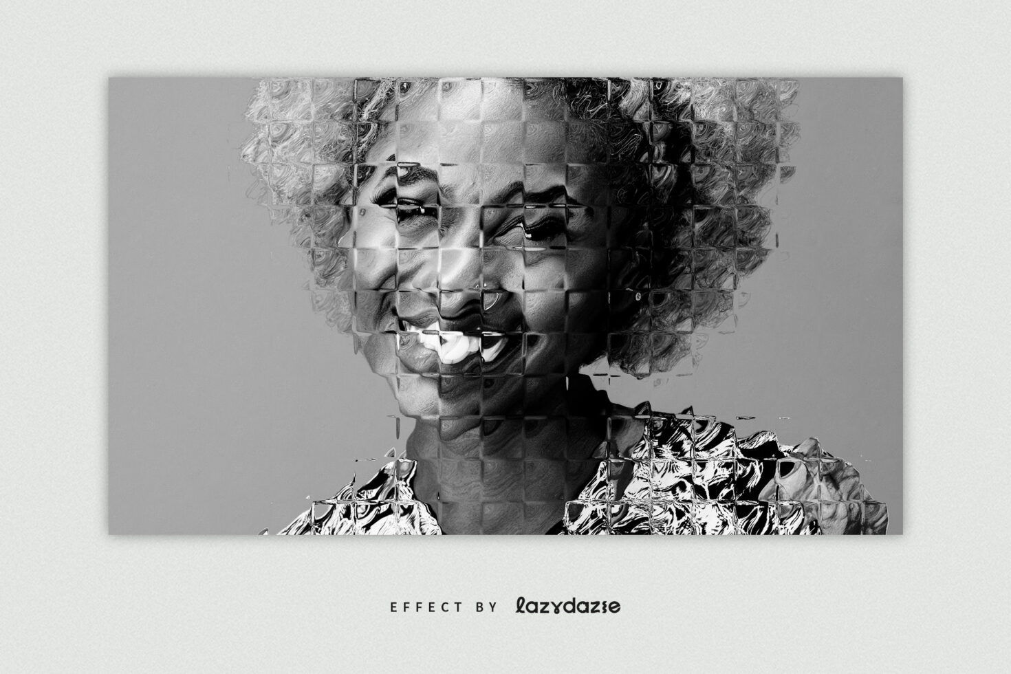Monochrome portrait with pixelated grid effect creating dimensional fragmented look