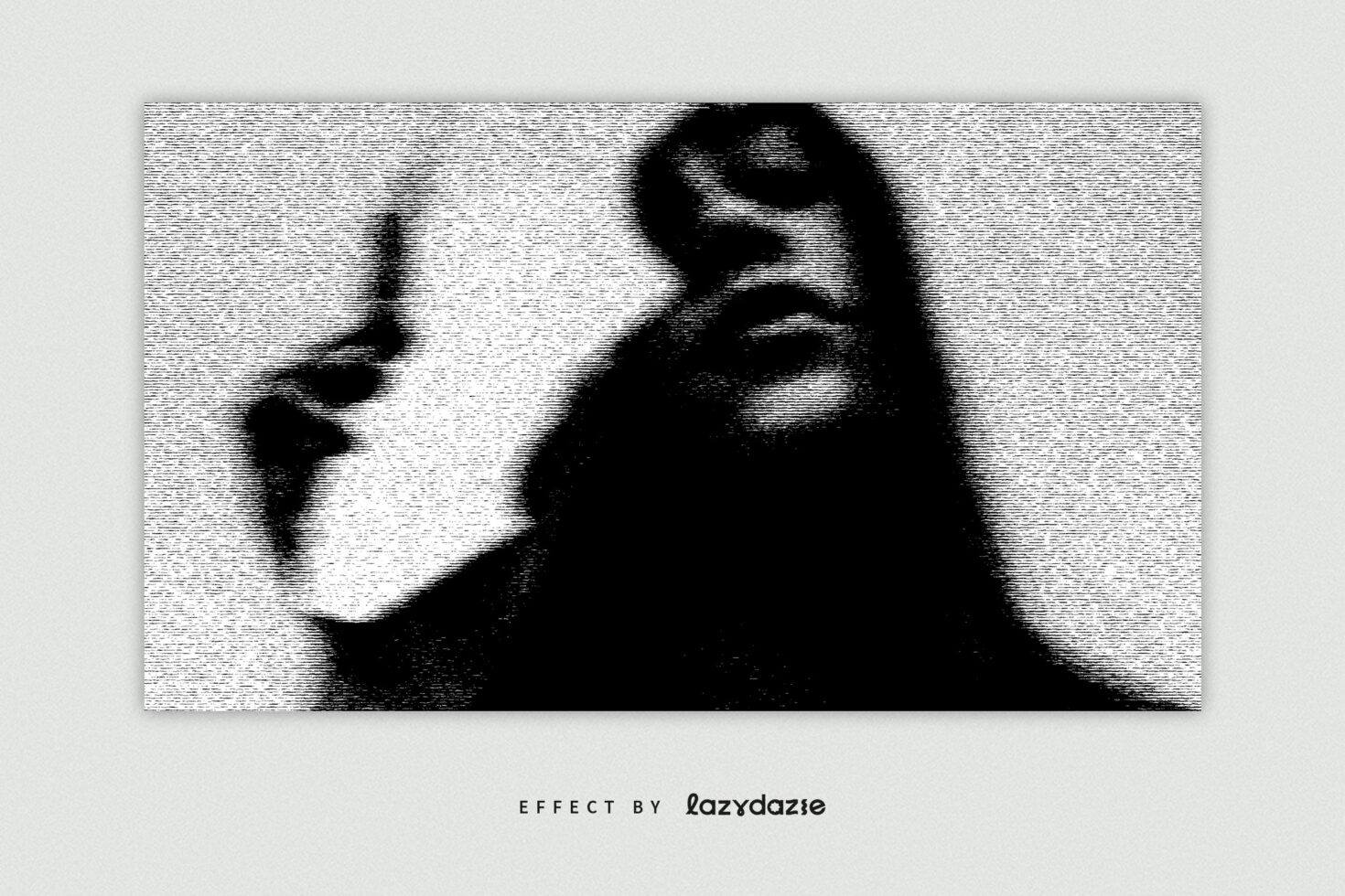 Black white portrait with horizontal scanlines creating digitized film grain