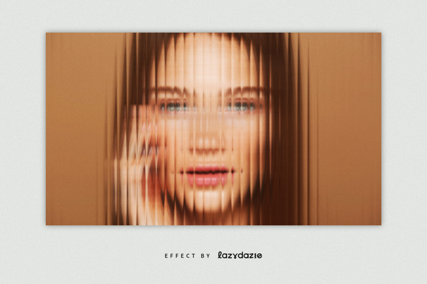 Frontal portrait heavily pixelated by vertical scanline effect on warm background