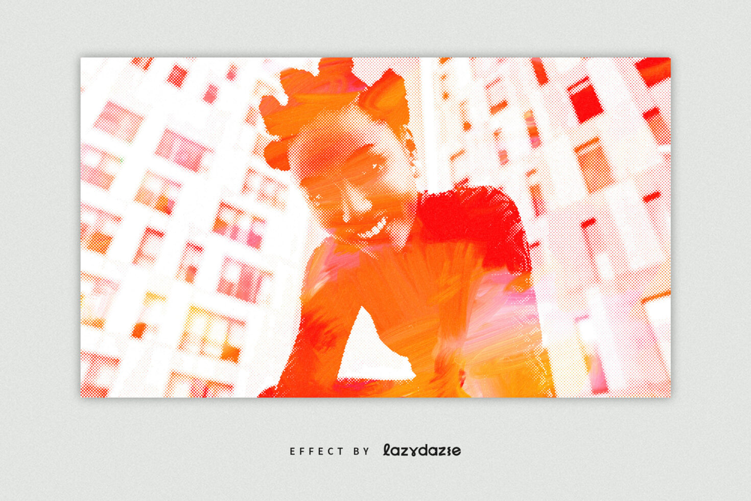 Halftone pop art with scattered geometric shapes in orange, pink, yellow tones