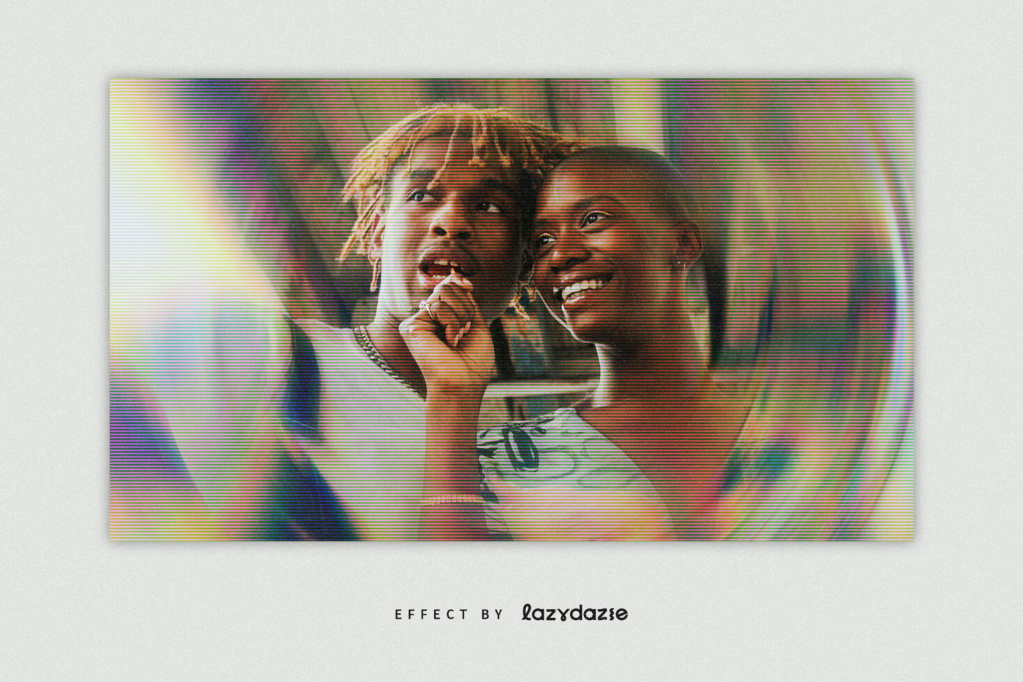 Two people laughing together with horizontal scan line glitch effect overlay