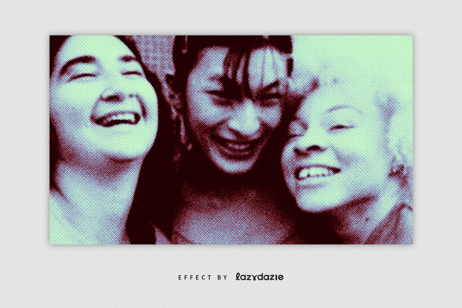 Three smiling faces with RGB color separation halftone effect on white