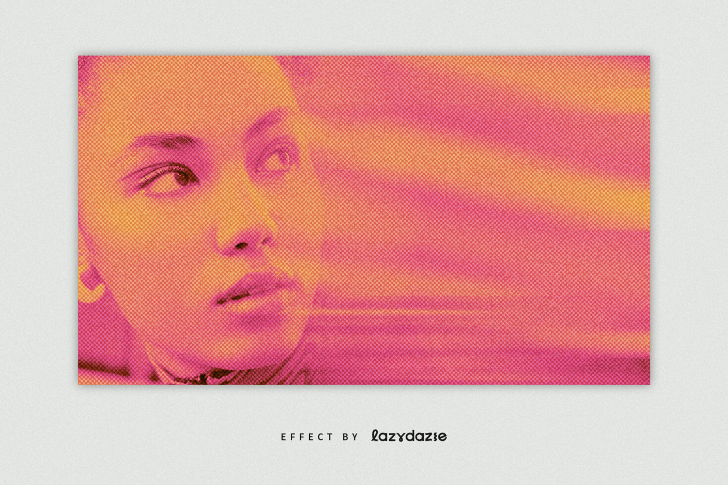 Colorful halftone headshot with magenta tones blending into orange gradient