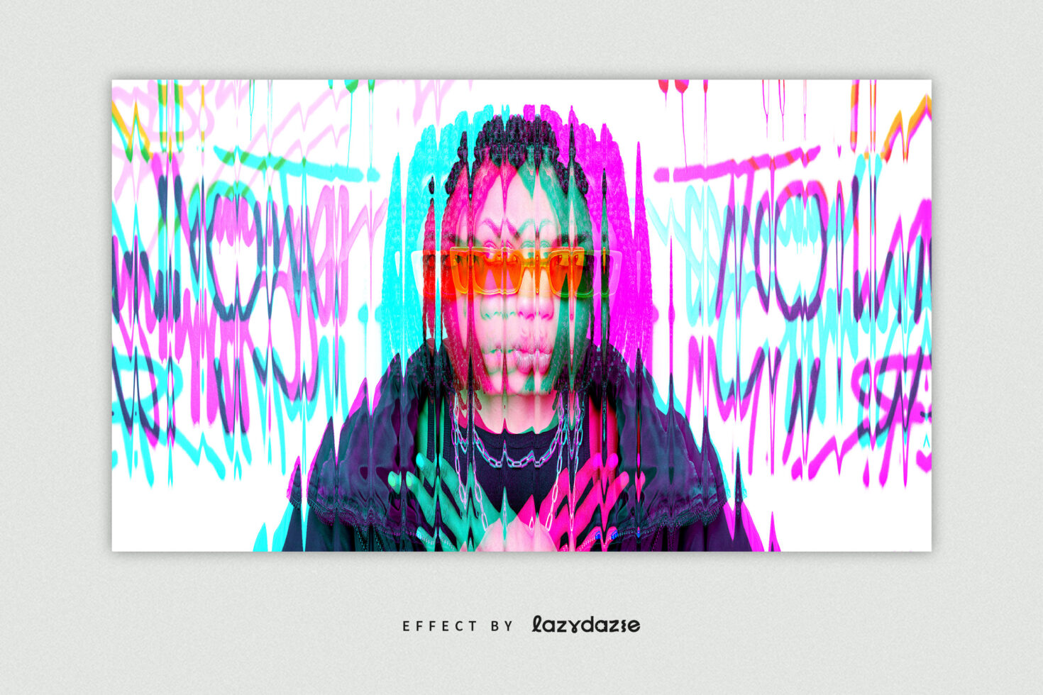 Person with sunglasses covered in vibrant wavy glitch strokes