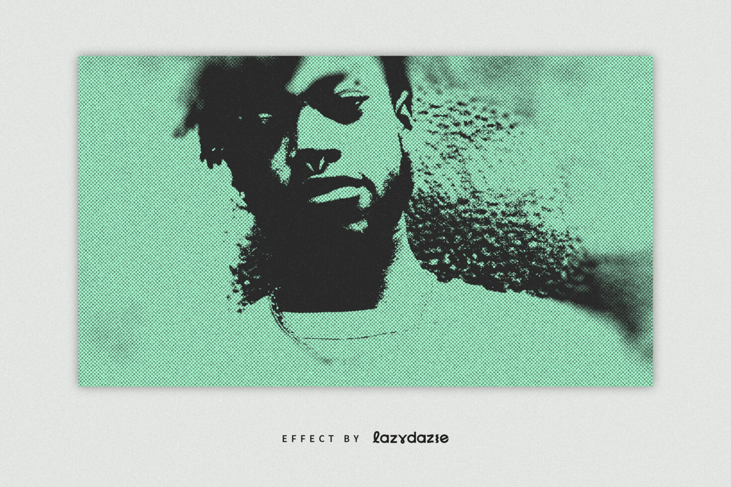 Man's face with mint halftone pixelated effect, high contrast duotone
