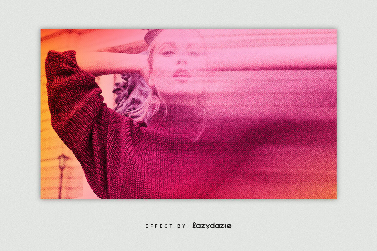 Woman's side profile with bold orange to pink gradient halftone grain texture