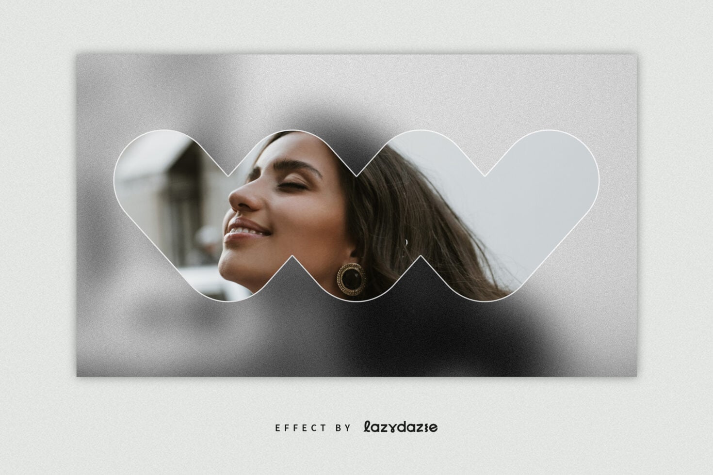 Woman's face in wavy cut-out shape against blurred background