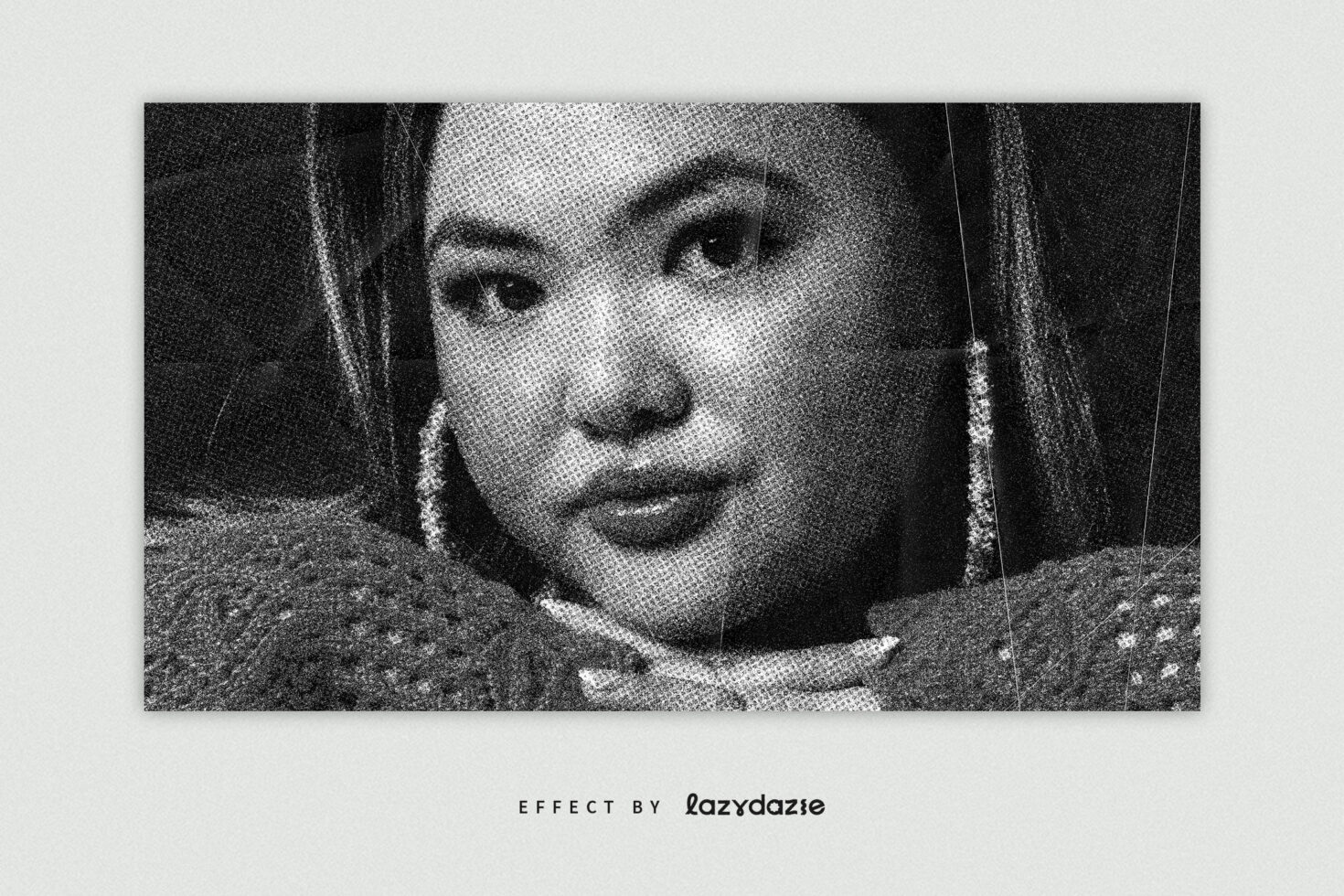 Woman's face in dotted halftone with motion blur horizontal bands