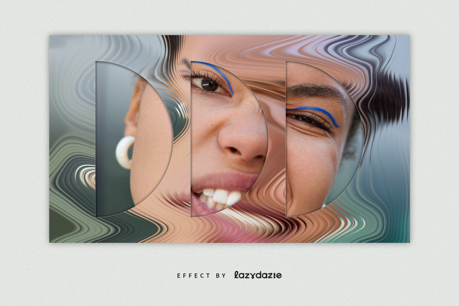 Close up faces with blue eyeliner split in wavy geometric frames