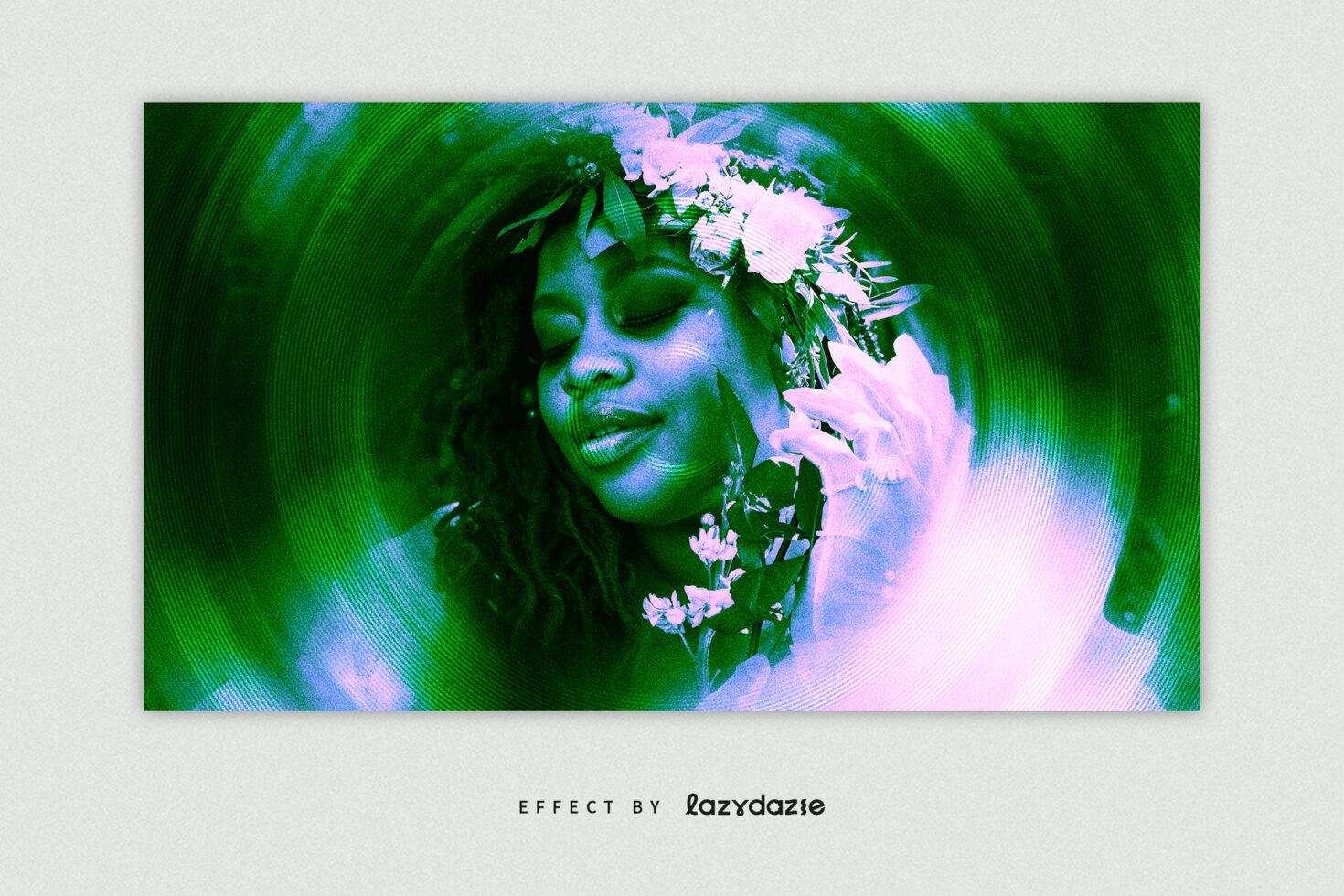 Woman with pink flowers in hair covered in green blue scanline texture