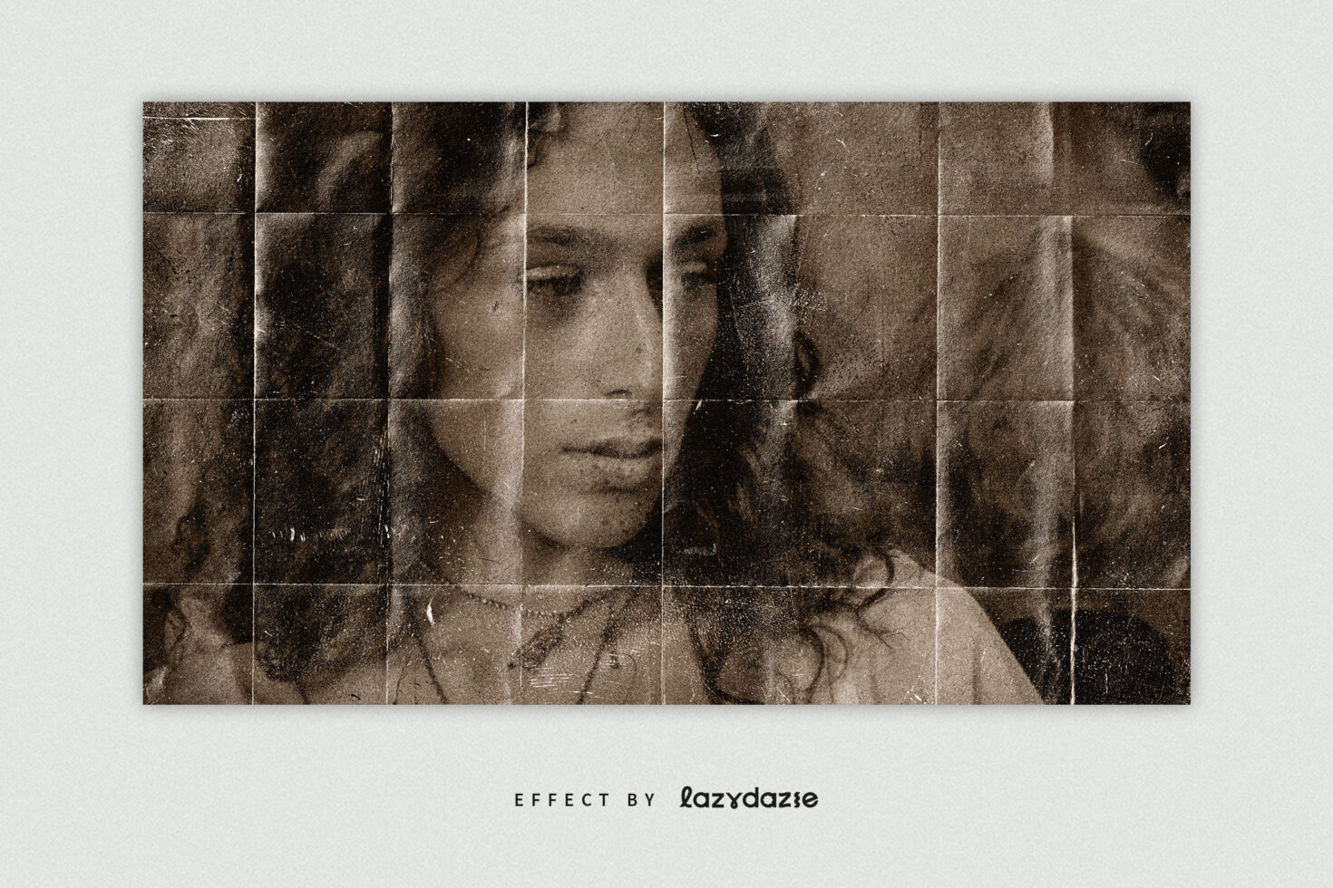 Face split across geometric tiles with aged photo texture throughout