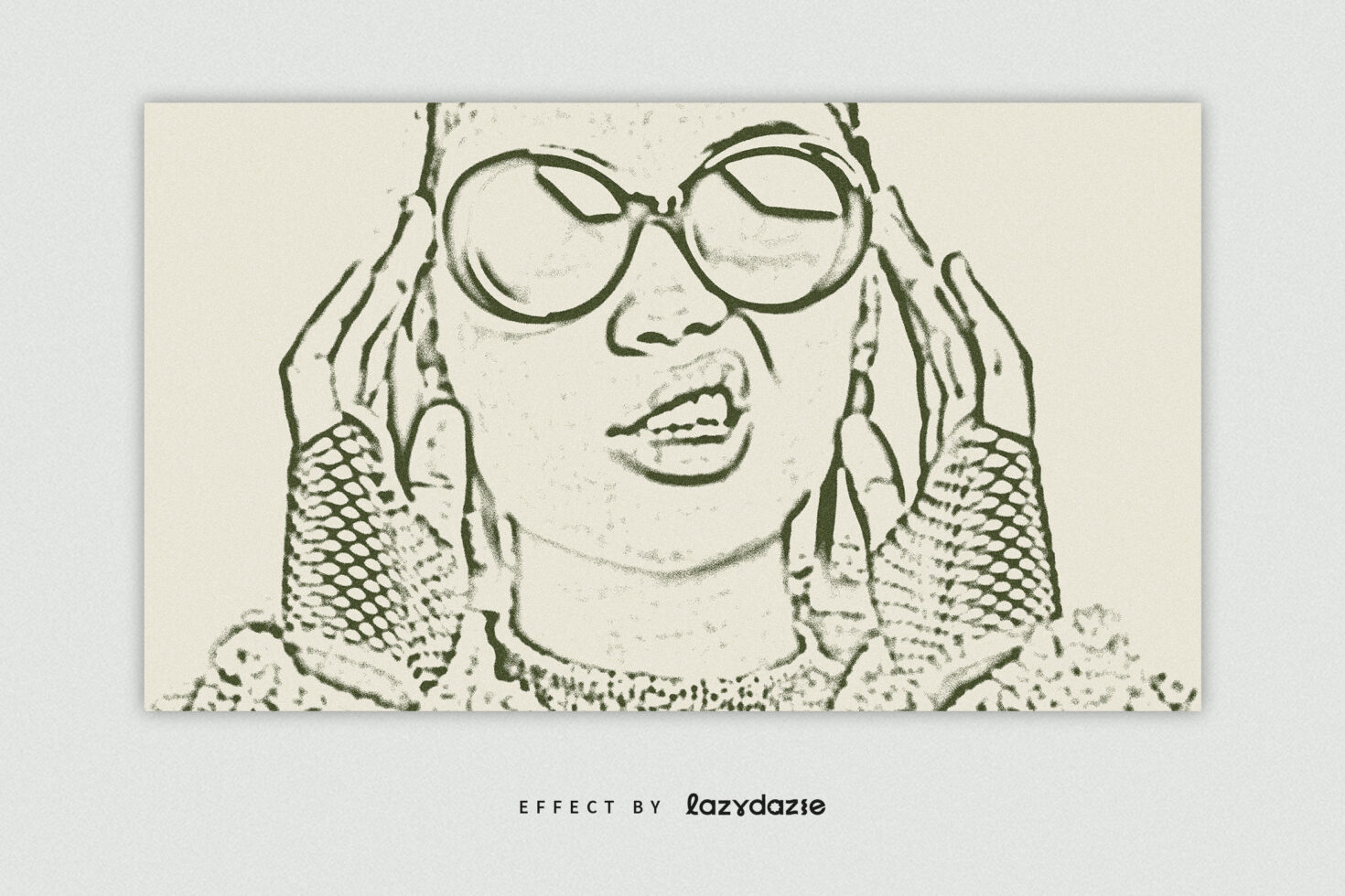 Olive sketch style portrait of person with round glasses smiling