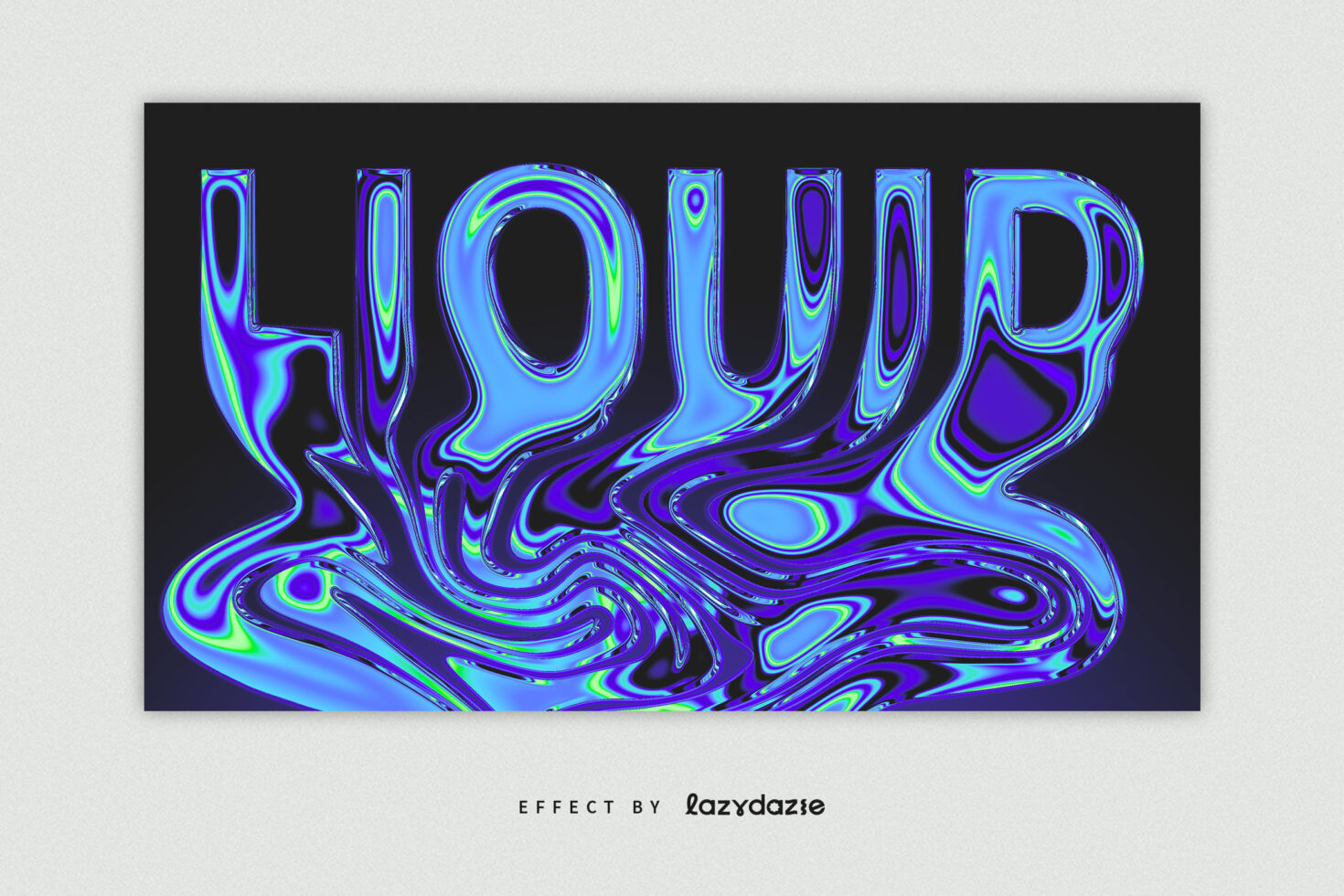 Liquid holographic text rendering blue purple cyan with swirled chrome drips