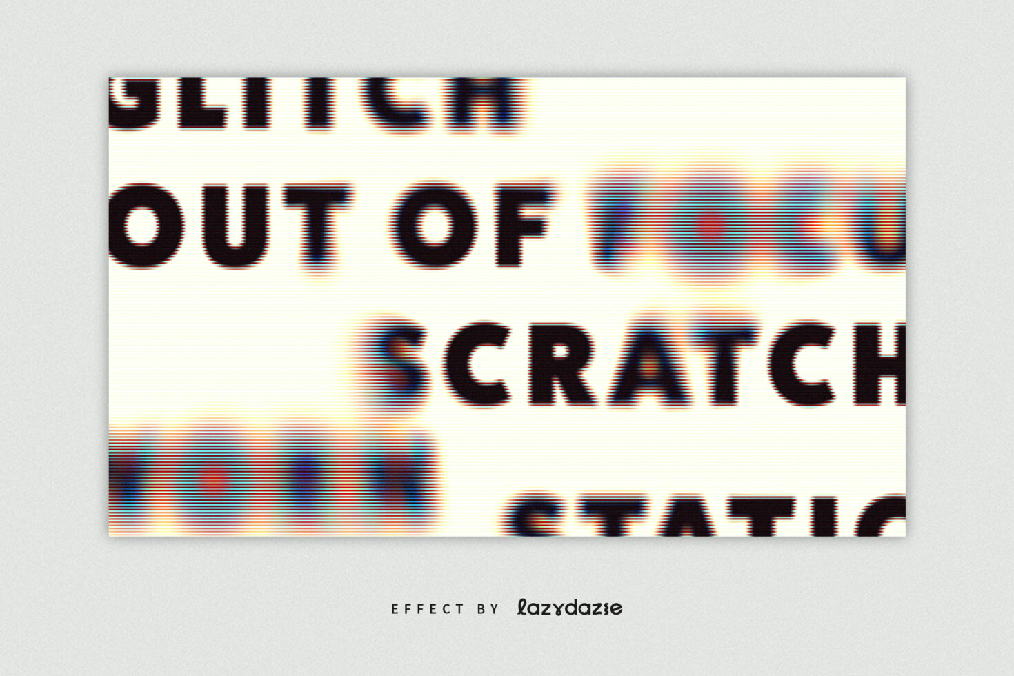 Split text layout reading GLITCH OUT OF SCRATCH with color fringing, cream