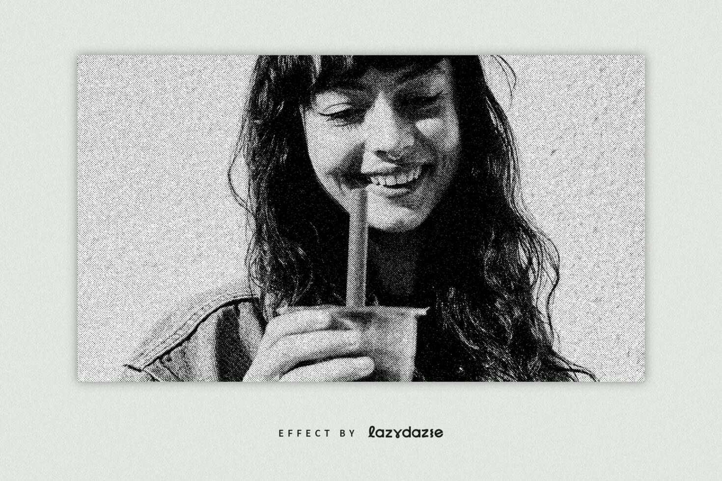 Black white halftone portrait of woman holding up small device