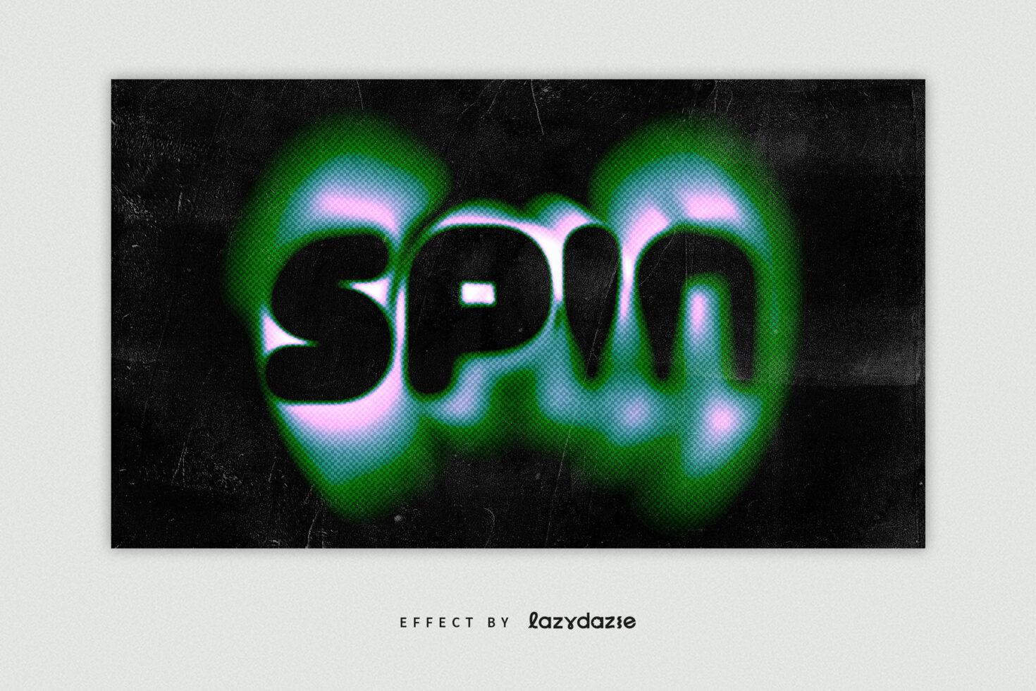 Spin in bold black type with cyan pink green neon glow effect
