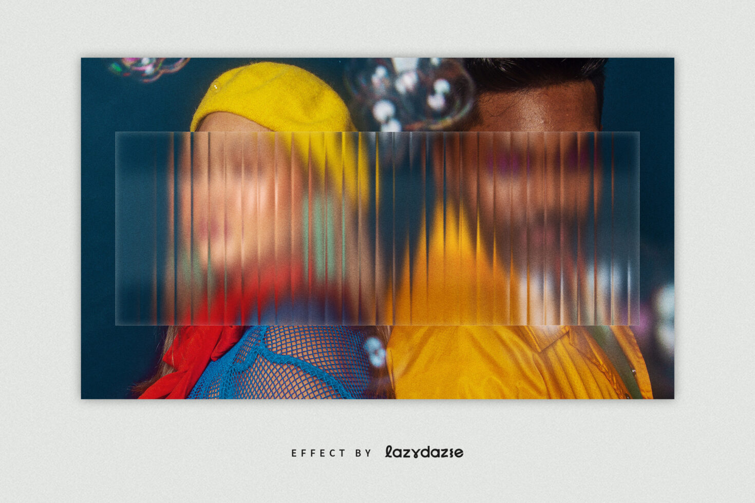 Portrait with yellow headband obscured by striped motion effect overlay