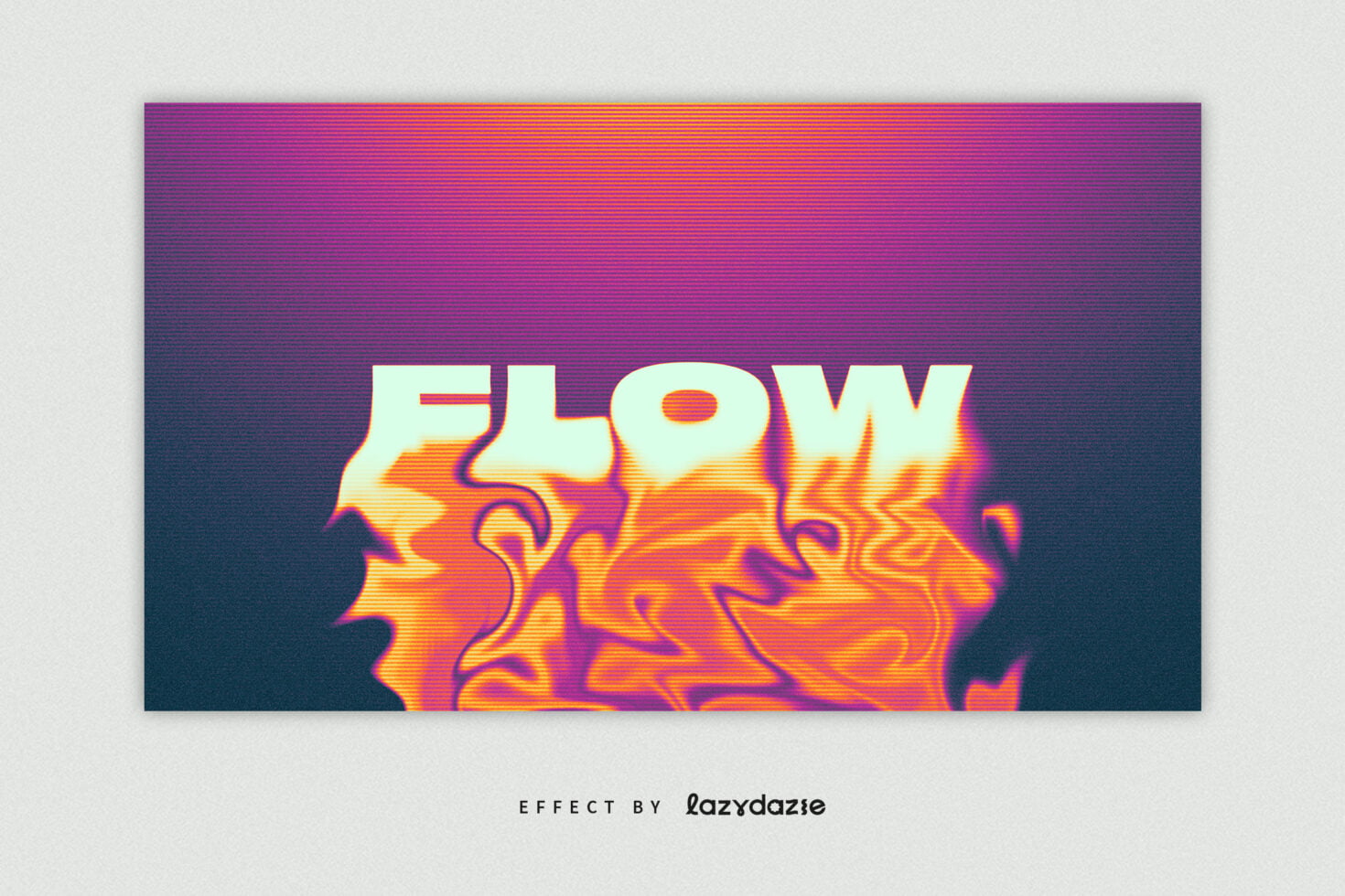 Flow melting text effect cyan neon on vaporwave gradient background
