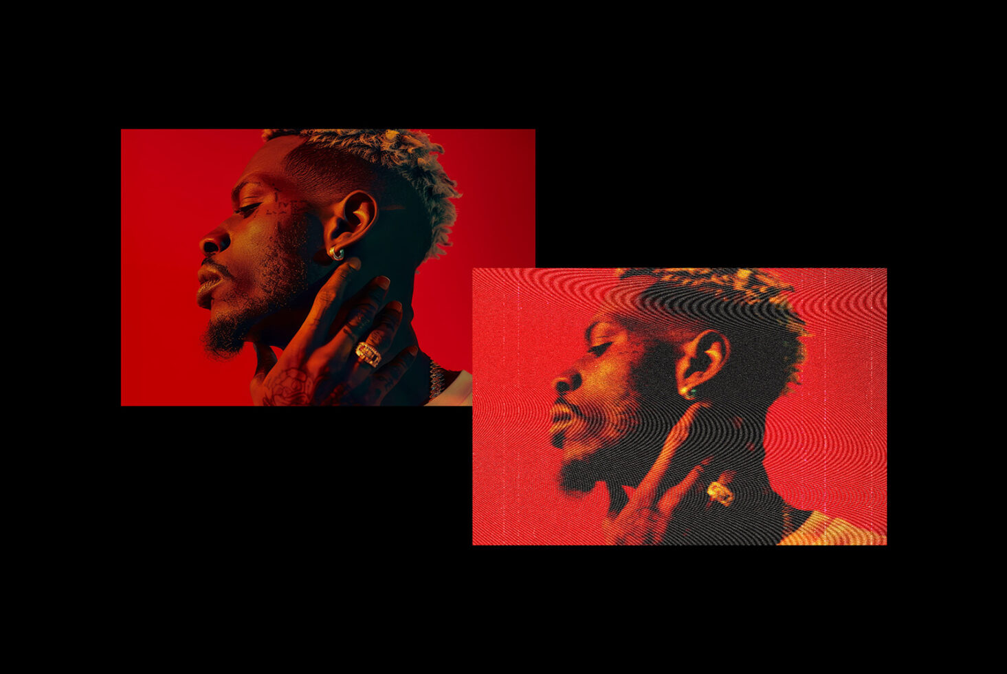 Man in profile against red background with wavy distortion effect, two overlapping frames
