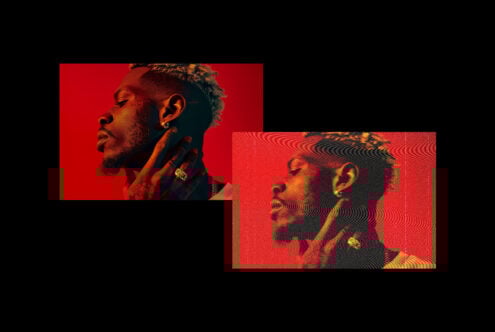 Profile portrait of a man with tattoos in red lighting with a distorted digital glitch effect. Suitable for graphic design projects and album covers.