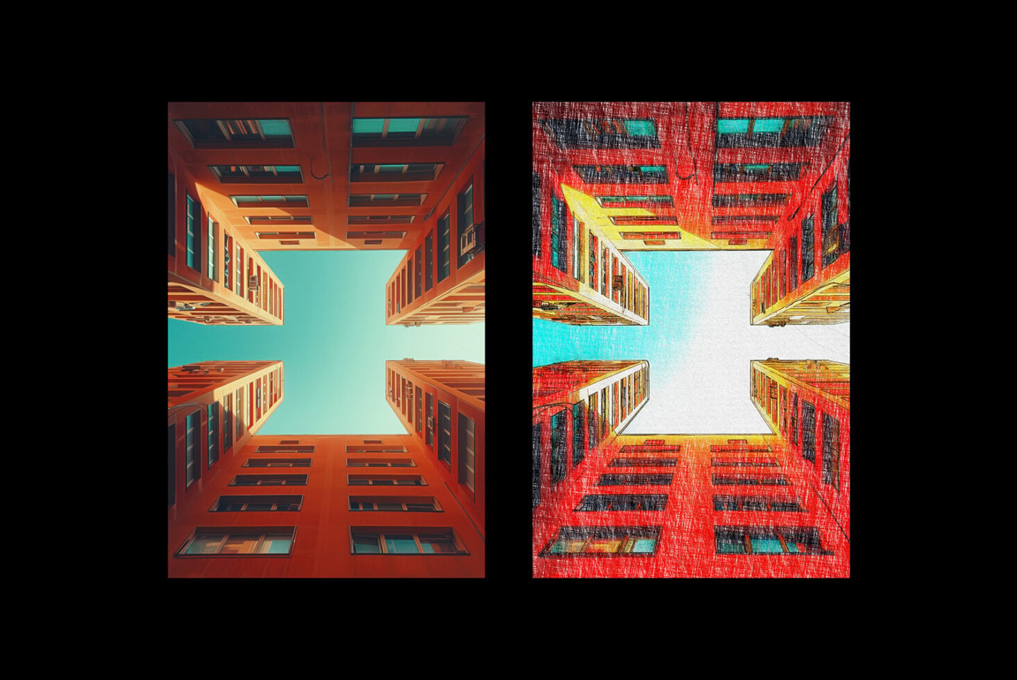 Upward view of red building with turquoise sky, smooth version next to textured glitch style