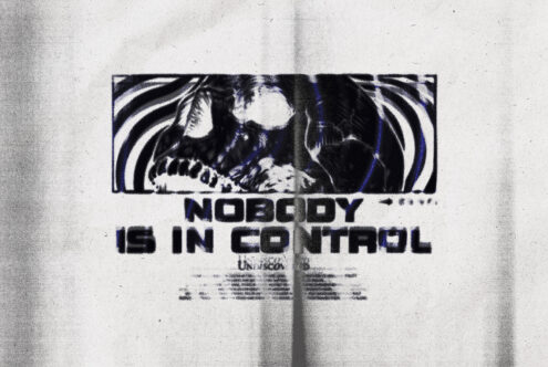 Distressed black poster with glitchy imagery showing 'Nobody is in control' text