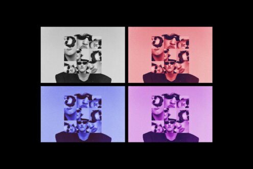 Pop art collage with a grid of faces wearing sunglasses in four color variations black white red blue purple. Ideal for graphic design projects.