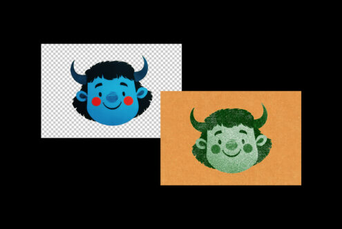 Two playful demon heads with horns, grinning in textured blue, orange color schemes
