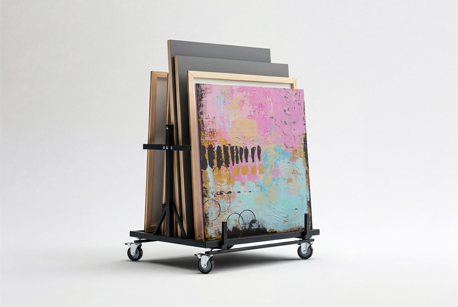 Mobile display rack with stacked frames showing abstract colorful artwork mockup