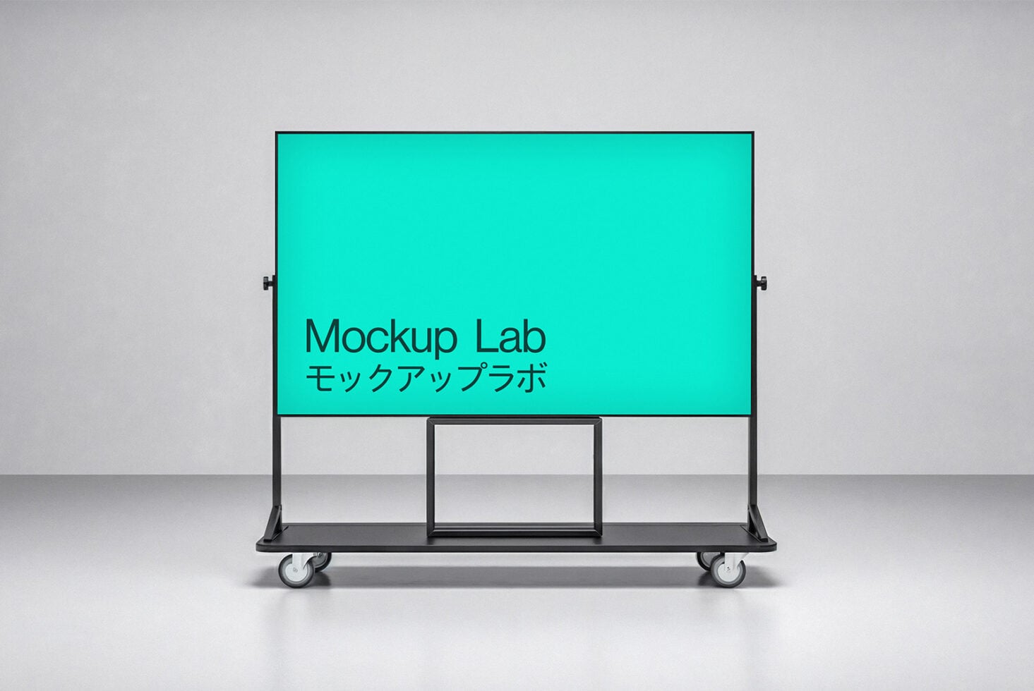 Turquoise digital signage mockup on wheeled stand with text display space