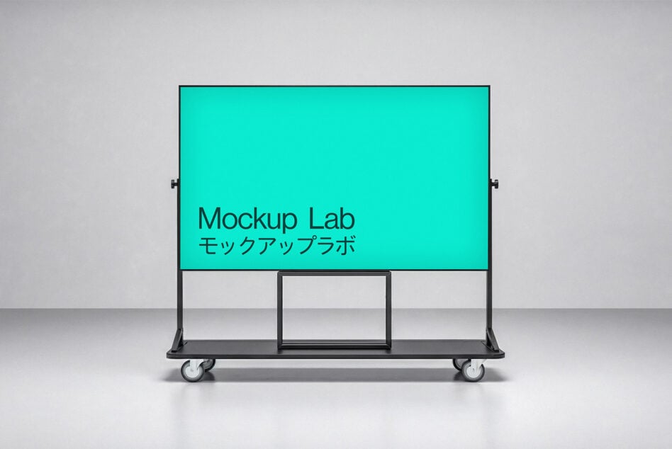 Turquoise digital signage mockup on wheeled stand with text display space