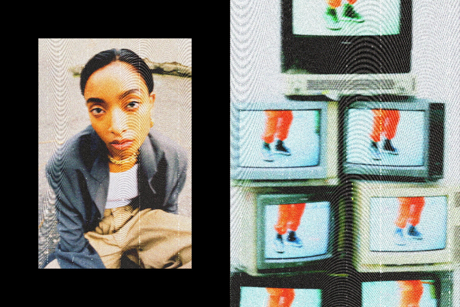 Split screen of person in profile with scan lines, side panel shows repeated frames of figure in red