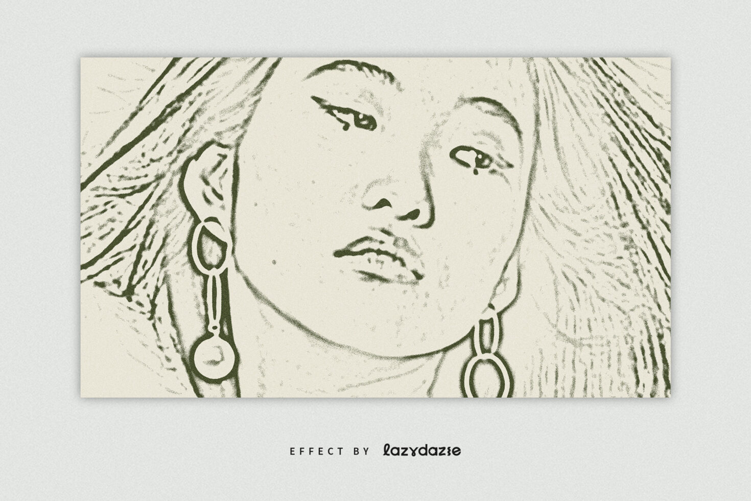 Sketch drawing of person looking up with long hair, hoop earrings, cream vintage style