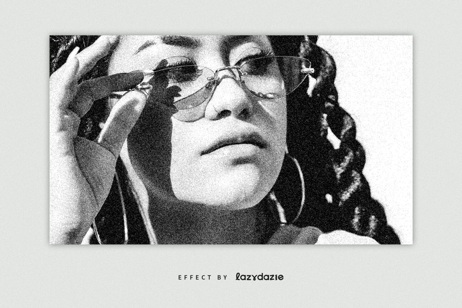 Black white grainy portrait woman with sunglasses, diagonal halftone dot texture overlay