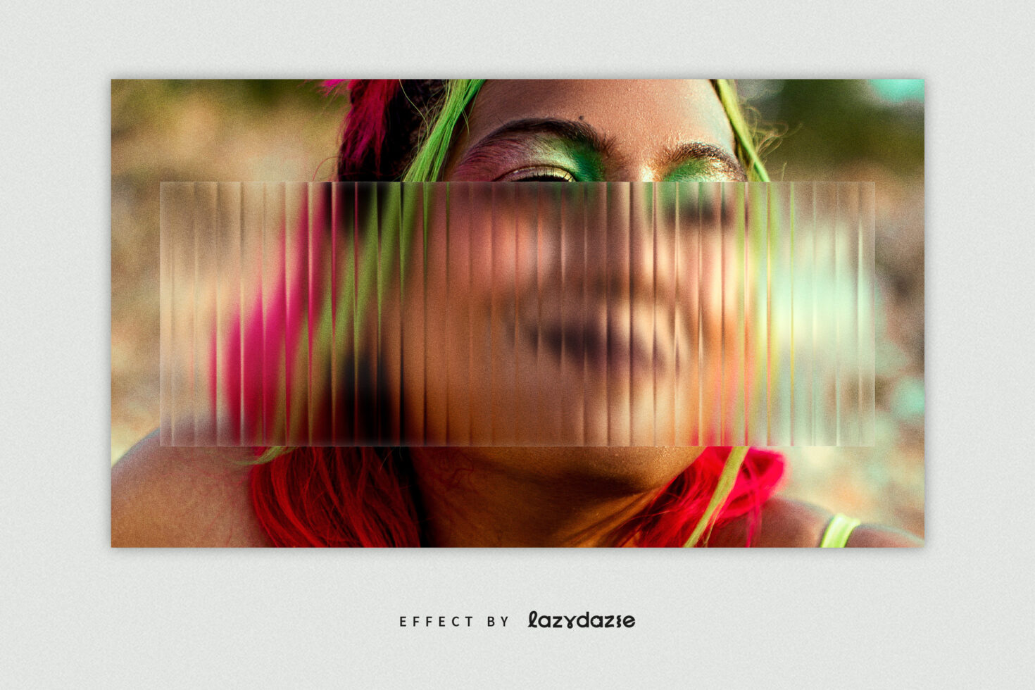 Person's eyes visible above vertical scan distortion with rainbow hair