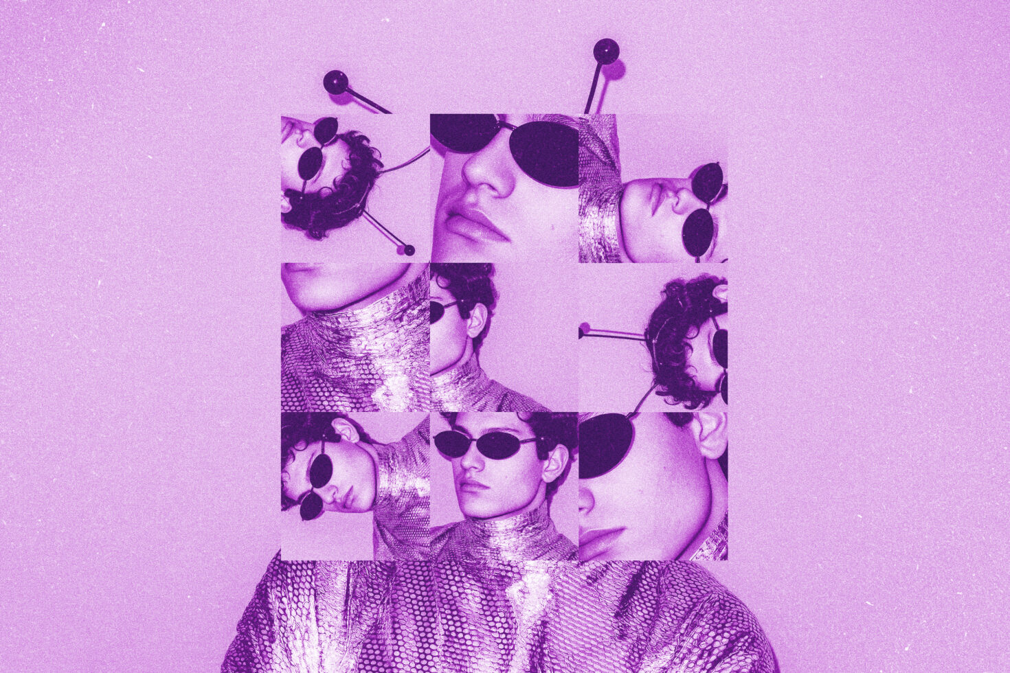 Magenta grid collage with multiple faces wearing sunglasses on pink background