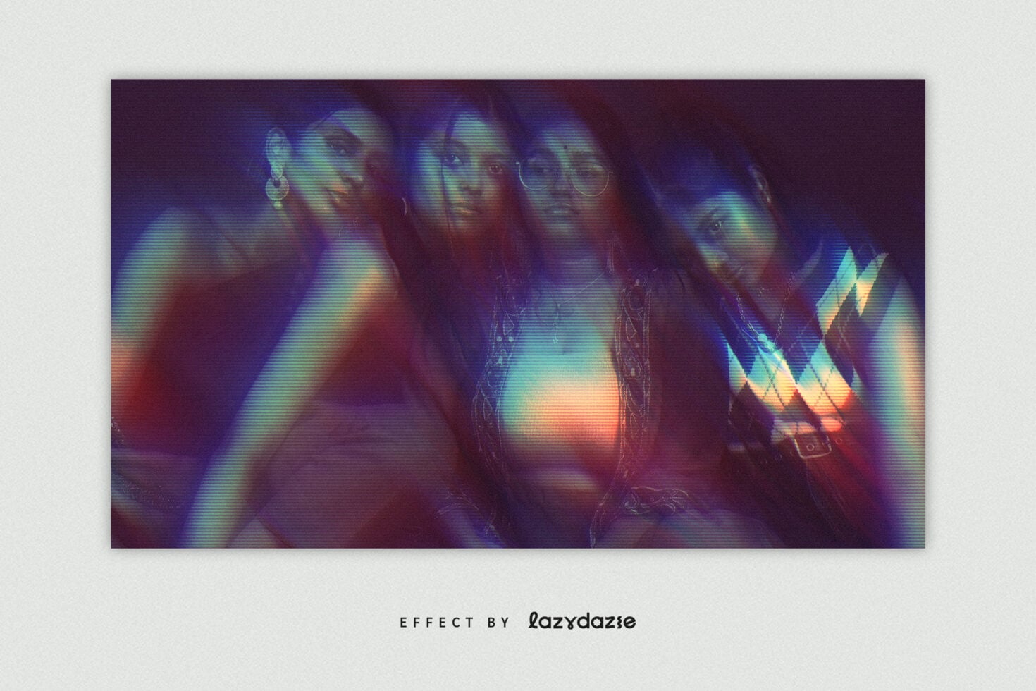 Group of five people, horizontal lines overlay, neon pink blue glow