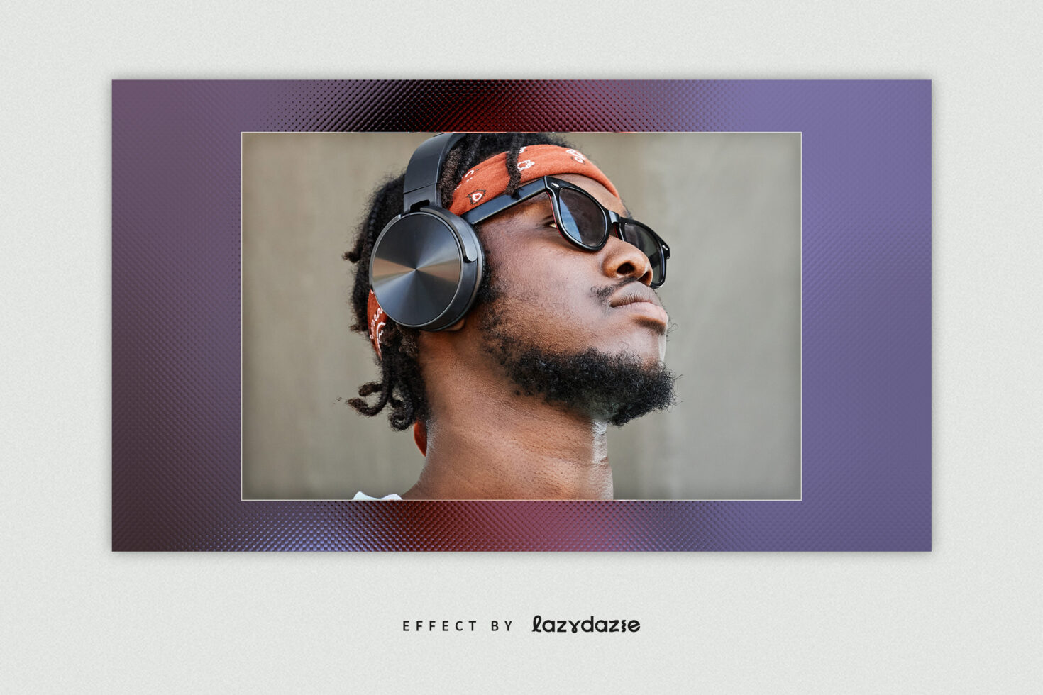Portrait of man with headphones, orange bandana, gradient frame in purple tones