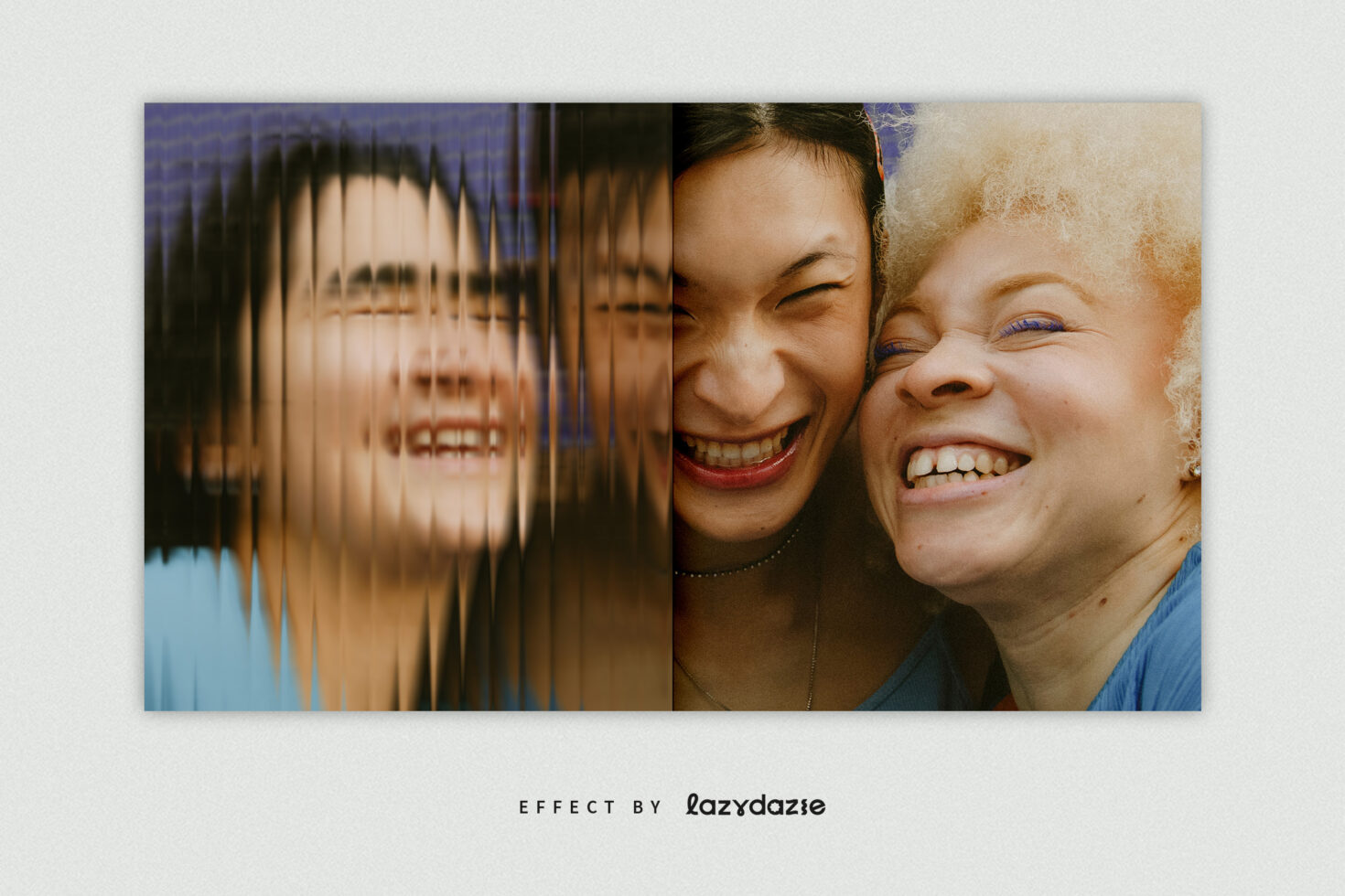 Two women laughing together with vertical line distortion overlay