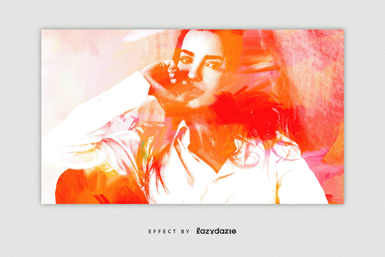 Halftone portrait with vibrant red, orange, yellow watercolor paint splashes