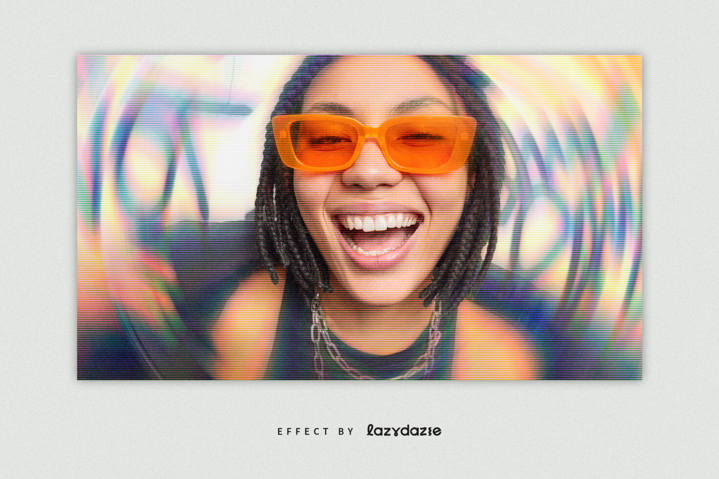 Smiling person with bright orange sunglasses wrapped in pastel scanline effect