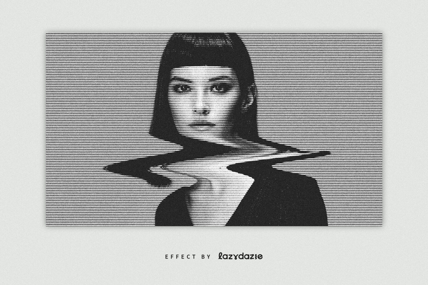 Portrait of woman's face split with horizontal line pattern overlay effect